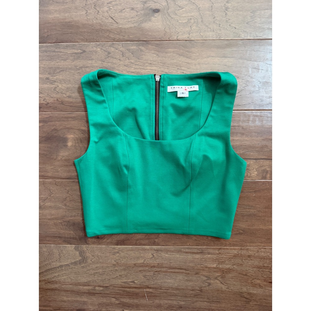Trina Turk Crop Top Womens 6 Green Sleeveless Square Neck Zip Back Contemporary